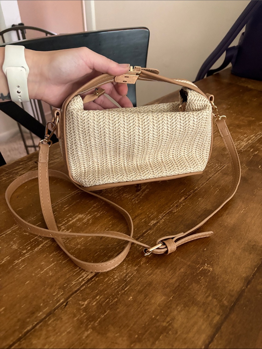 Neutral Straw Crossbody with Tan Trim and Adjustable Strap